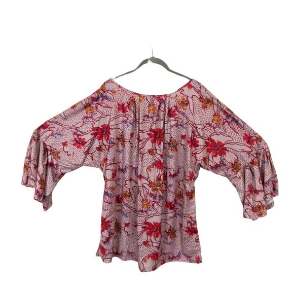 Suzanne Betro Top Women's Tan Pink Floral Bell Sleeve Keyhole Neck Funky SZ L - Picture 2 of 13